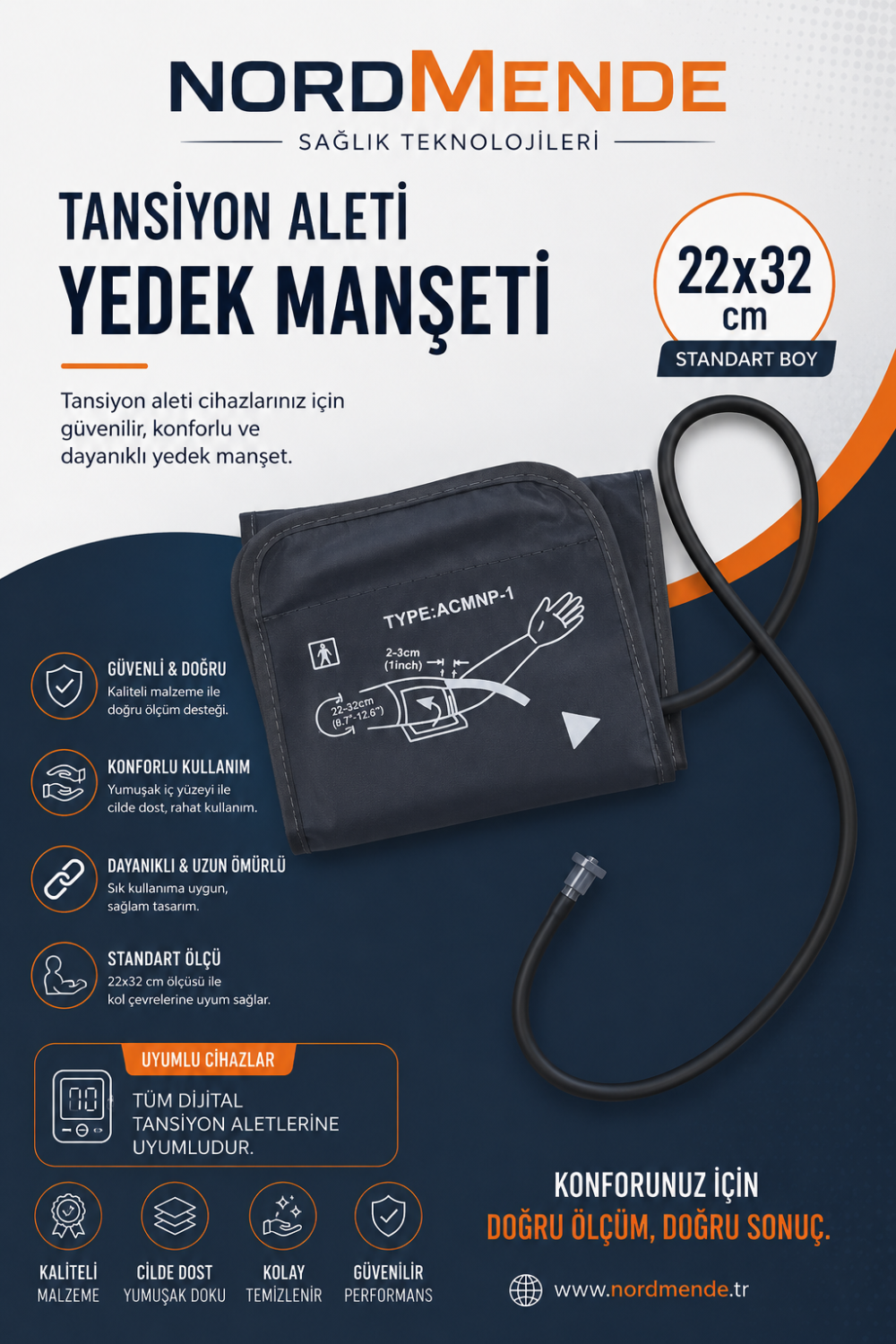 NORDMENDE Dijital Tansiyon Aleti Manşeti 22-42 cm Evrensel Yedek Kol Manşeti Tüm Dijital Tansiyon Aletleri ile Uyumlu