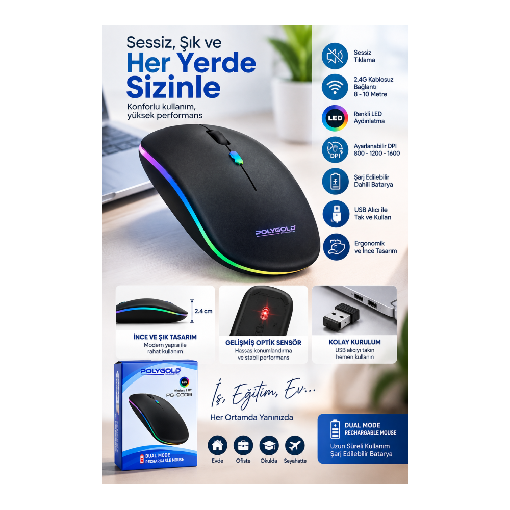 8 10 Metre Menzilli Şarj Edilebilir Kablosuz Mouse