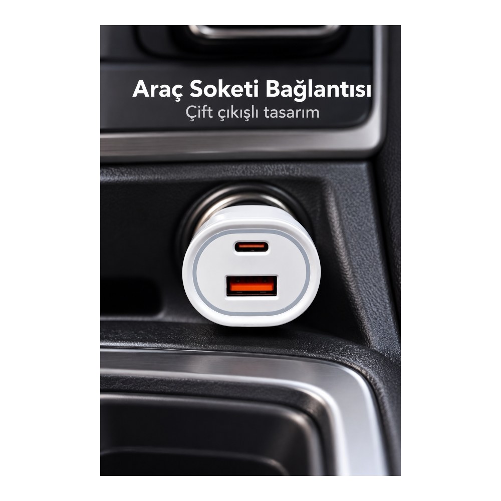 Beyaz Gövdeli Çift Çıkışlı Araç İçi Şarj Aleti