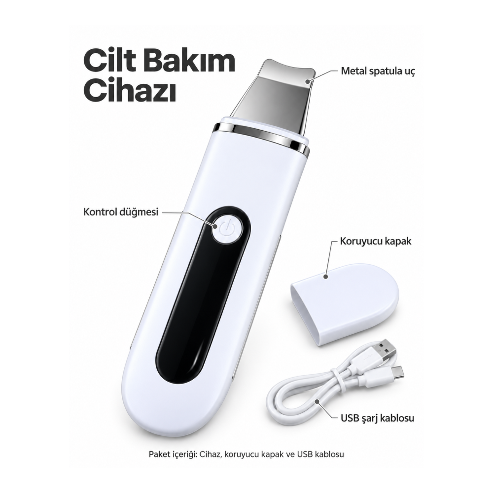 Koruyucu Kapak ve USB Kablolu Beyaz Metal Spatula Cilt Bakım Seti